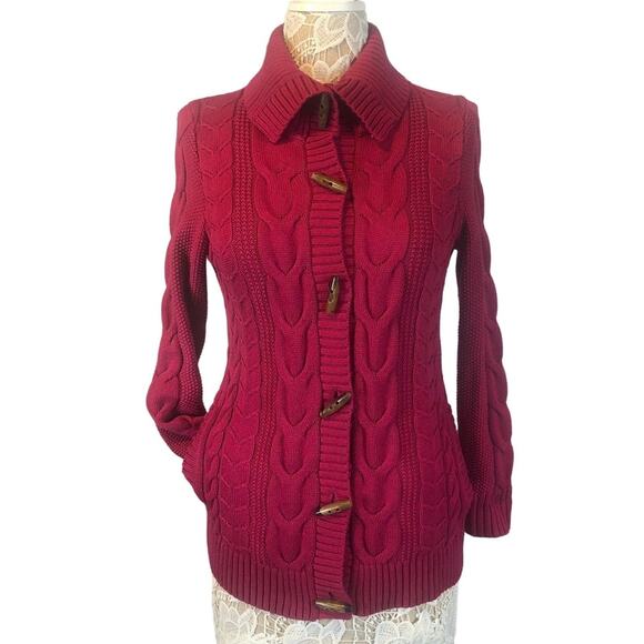 L.L. Bean high neck Cardigan Cable Knit Toggle Buttons Fucshia size small - Picture 1 of 12